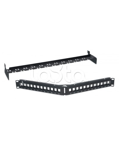 Патч-панель угловая модульная 19, 1U, 24 порта RJ-45, для неэкранированных модулей, с задним кабельным организатором (без модулей) Cabeus PLB-24-CON в Назрани Патч панель Pintop.ru