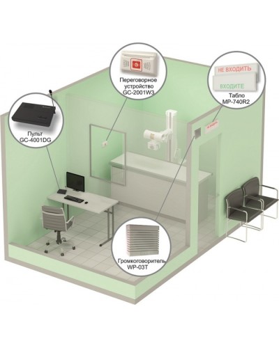 Комплект светового, звукового и голосового вызова посетителя в кабинет Hostcall MP-912W2 в Назрани Система оповещения и трансляции Hostcall Pintop.ru