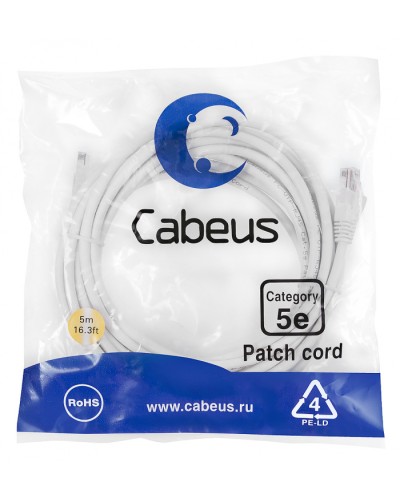Патч-корд медный U/UTP кат.5е (5м) LSZH (белый) Cabeus (PC-UTP-RJ45-Cat.5e-5m-WH-LSZH) в Назрани Патчкорды (медные) Pintop.ru