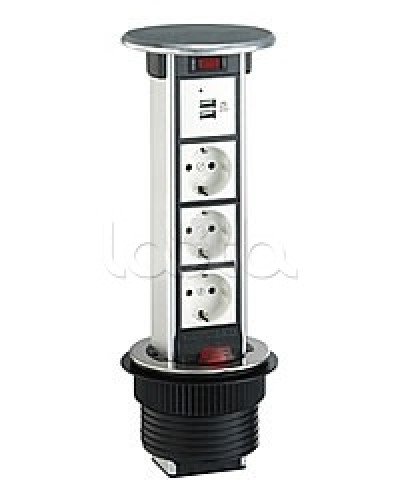 Блок розеточный встраеваемый в стол, 4 поста (45х45) IP54, с выключателем нагрузки (алюм+нерж.сталь) Экопласт 70334 в Назрани Блоки розеток Pintop.ru